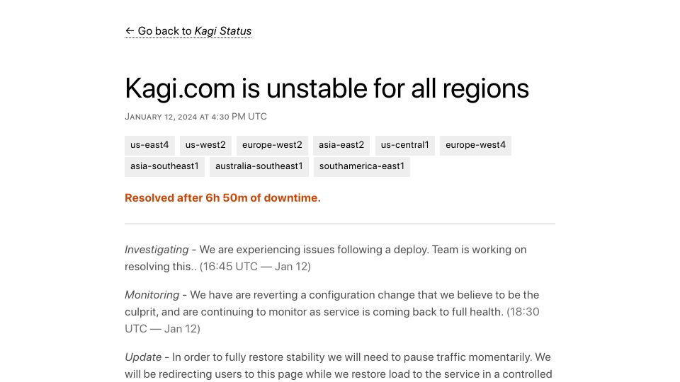 Screenshot of status.kagi.com: Post-mortem for last week's incident at Kagi