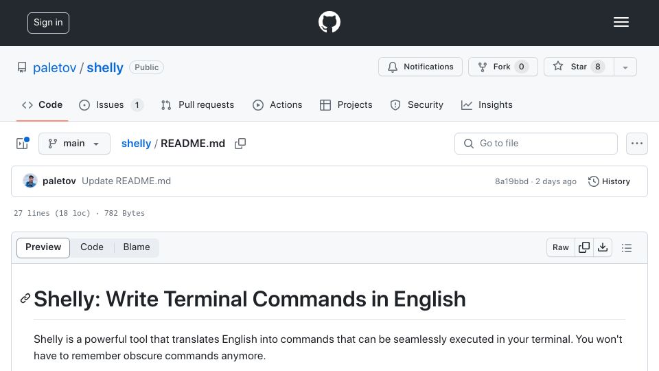 Screenshot of github.com: Show HN: Shelly: Write Terminal Commands in English