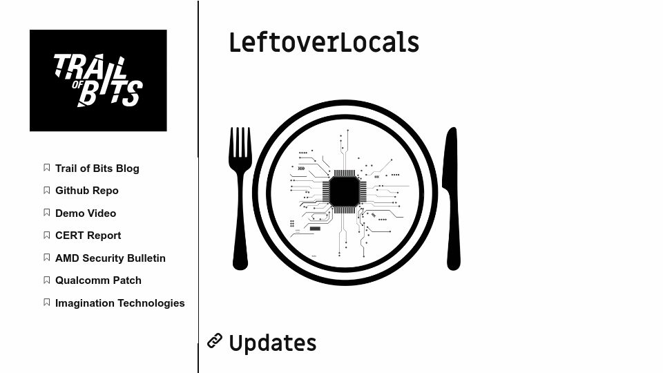 Screenshot of blog.trailofbits.com: LeftoverLocals: Listening to LLM responses through leaked GPU local memory
