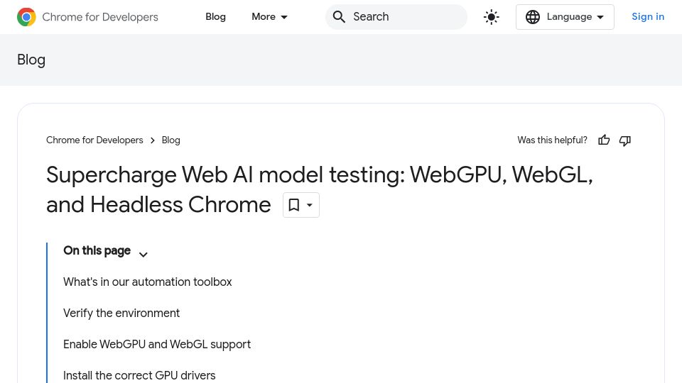Screenshot of developer.chrome.com: Web AI Model Testing: WebGPU, WebGL, and Headless Chrome