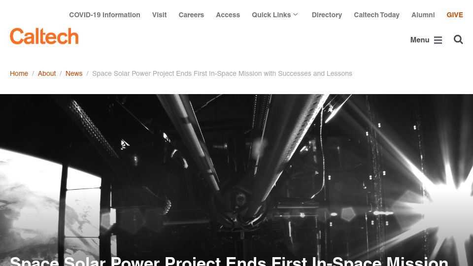 Screenshot of caltech.edu: Space Solar Power Demonstrator ends first in-space mission