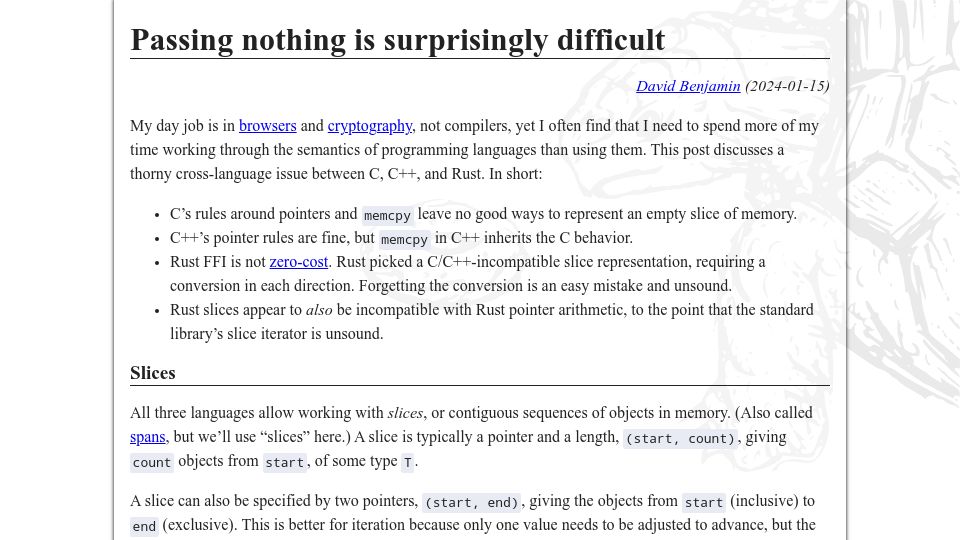 Screenshot of davidben.net: Passing nothing is surprisingly difficult