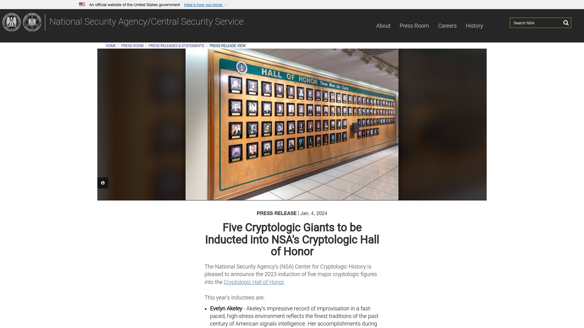 Screenshot of nsa.gov: Five cryptologic giants to be inducted into NSA's Cryptologic Hall of Honor