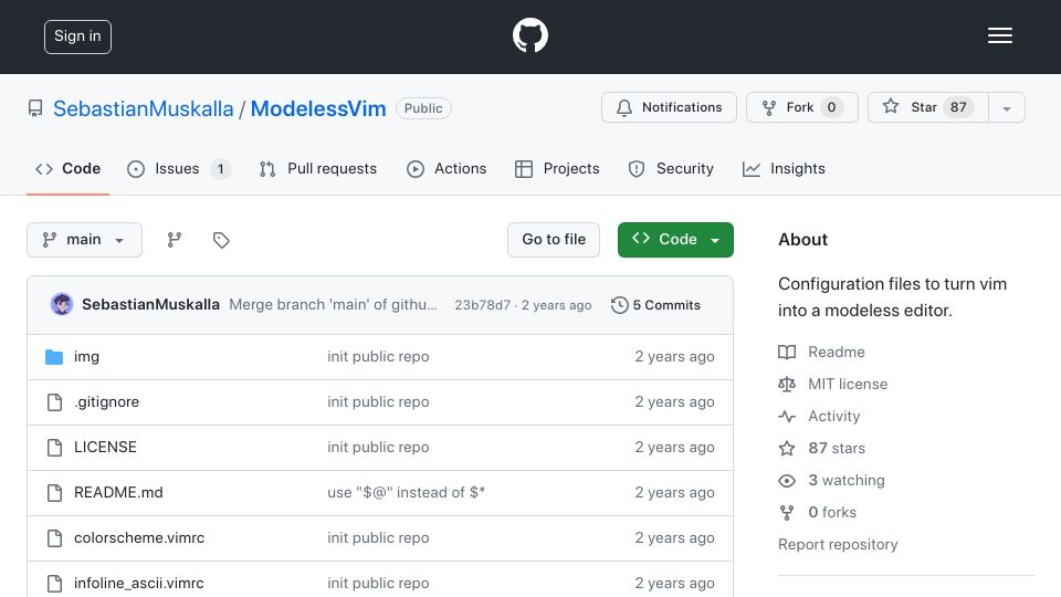 Screenshot of github.com: Modeless Vim