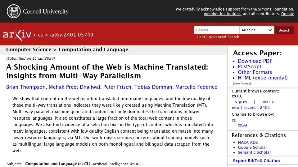 Screenshot of arxiv.org: Much of the Web Is Machine Translated: Insights from Multi-Way Parallelism