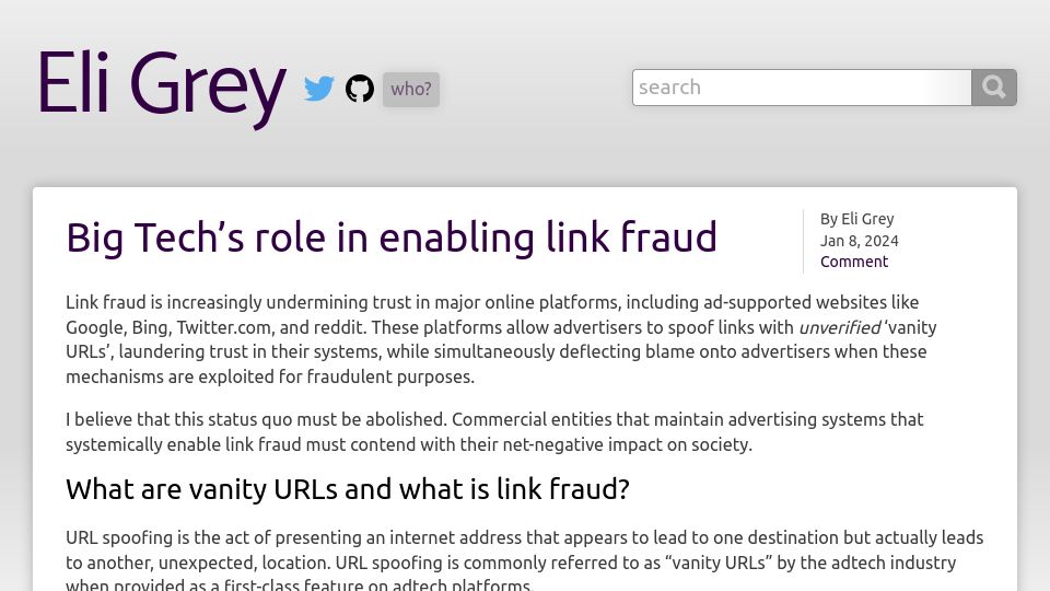 Screenshot of eligrey.com: Big Tech's role in enabling link fraud