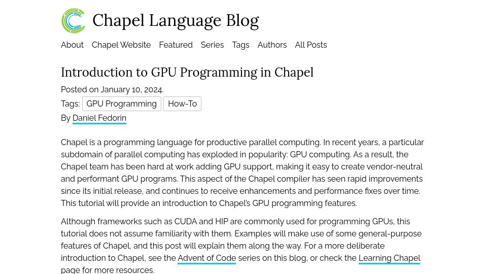 Screenshot of chapel-lang.org: Introduction to GPU Programming in Chapel