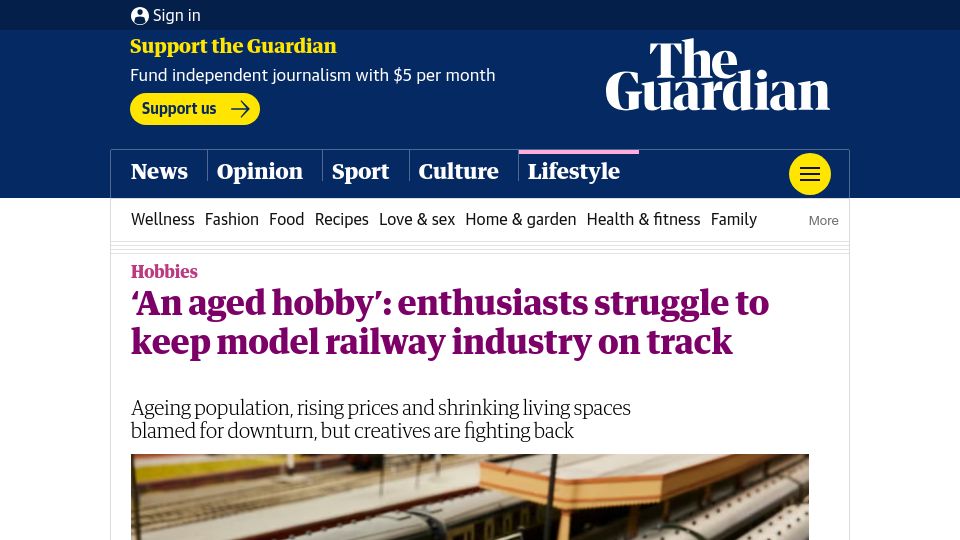 Screenshot of theguardian.com: Enthusiasts struggle to keep model railway industry on track