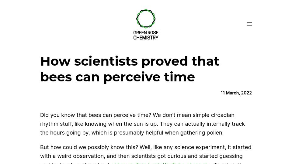 Screenshot of greenrosechemistry.com: Bees have an internal sense of time (2022)