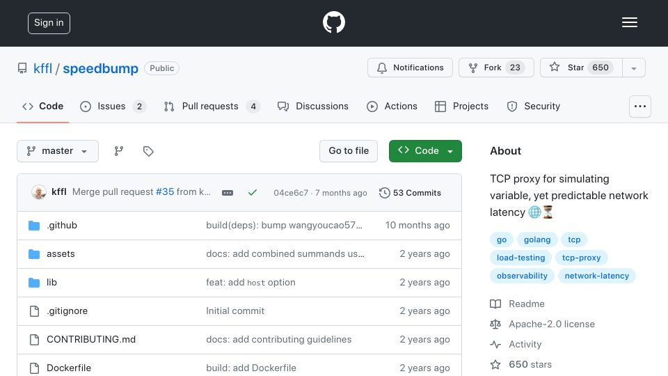 Screenshot of github.com: Speedbump – a TCP proxy to simulate variable network latency
