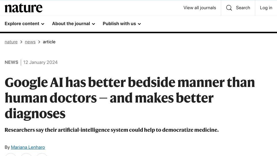 Screenshot of nature.com: Google AI has better bedside manner than doctors – and makes better diagnoses