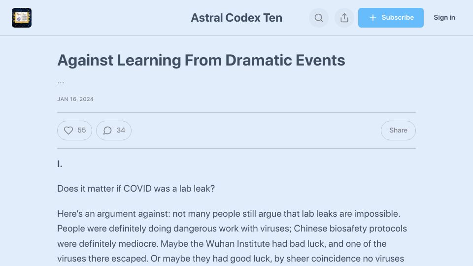Screenshot of astralcodexten.com: Against learning from dramatic events