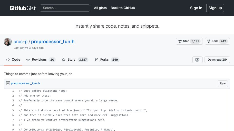 Screenshot of gist.github.com: Things to commit just before leaving your job