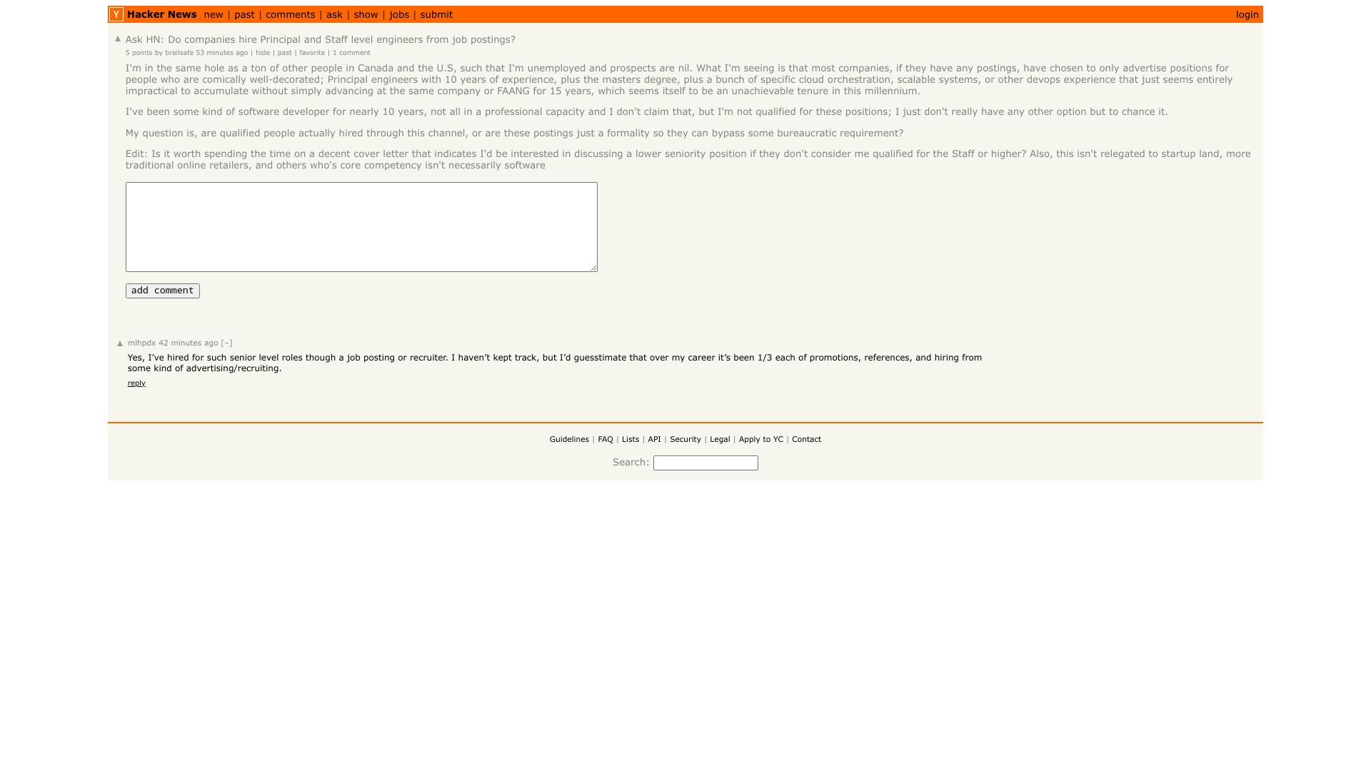 Screenshot of this Hacker News post: Ask HN: Do companies hire Principal and Staff level engineers from job postings?