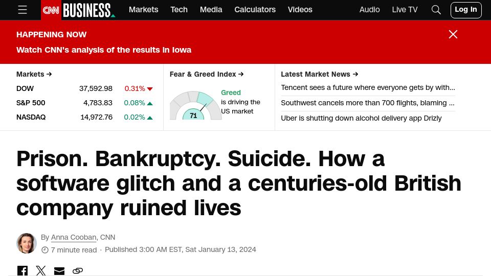 Screenshot of cnn.com: How a software glitch at the UK Post Office ruined lives