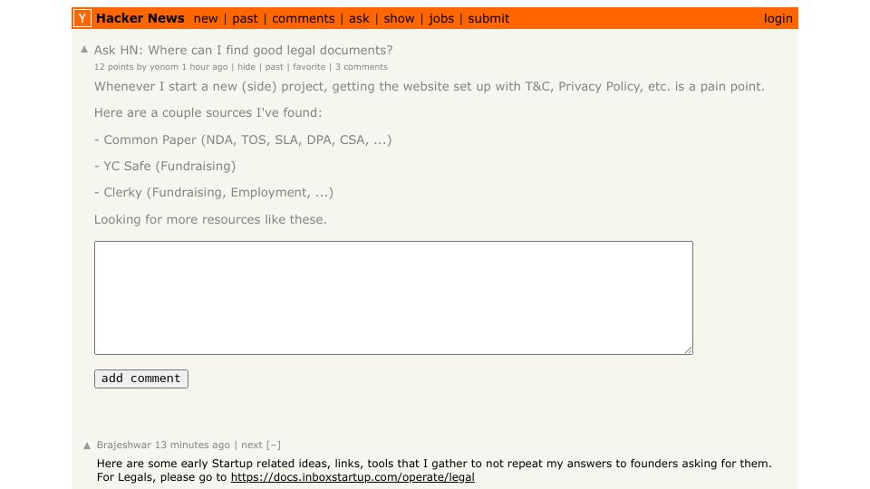 Screenshot of Hacker News post: Ask HN: Where can I find good legal documents?