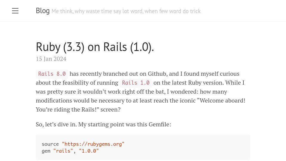 Screenshot of nashby.github.io: Ruby 3.3 on Rails 1.0