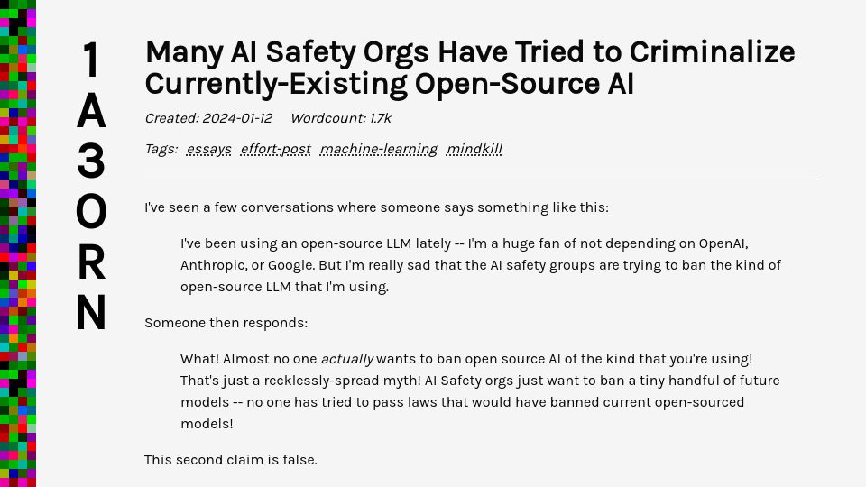 Screenshot of 1a3orn.com: Many AI safety orgs have tried to criminalize currently-existing open-source AI
