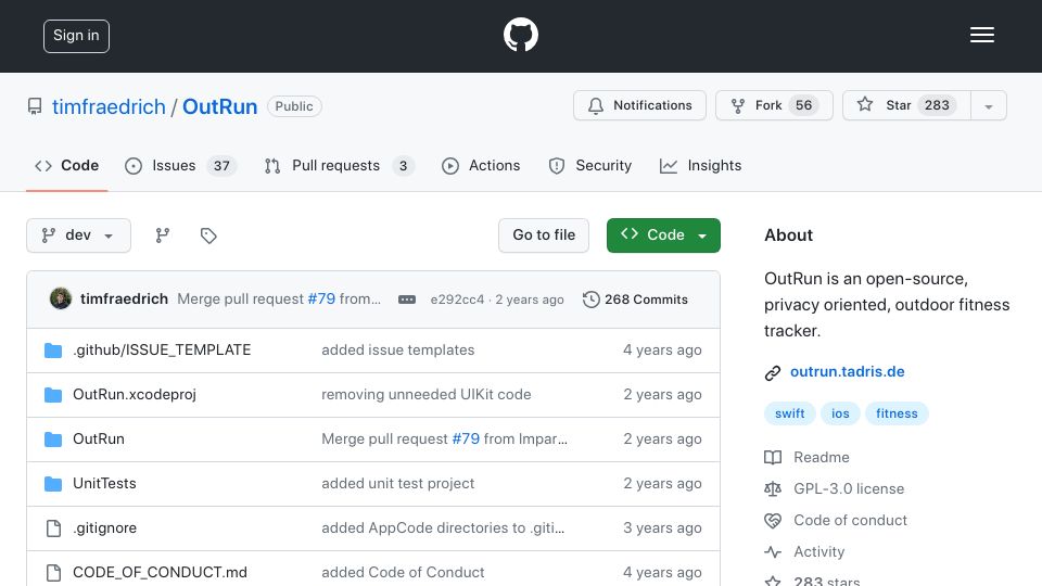 Screenshot of github.com: OutRun – Open-source, privacy oriented, outdoor fitness tracker