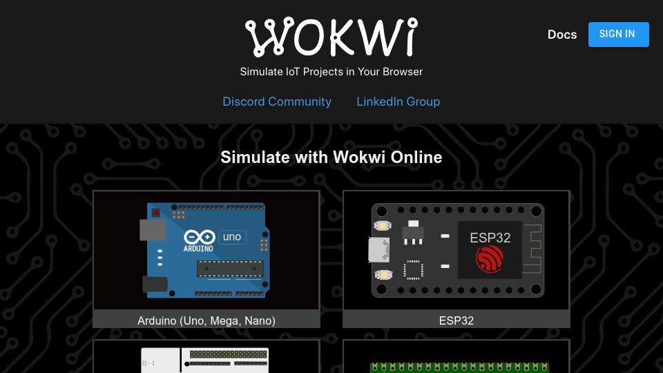 Screenshot of wokwi.com: Wokwi – Simulate IoT Projects in the Browser
