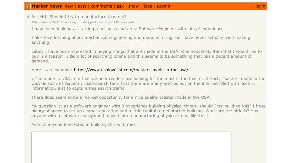 Screenshot of Hacker News post: Ask HN: Should I try to manufacture toasters?