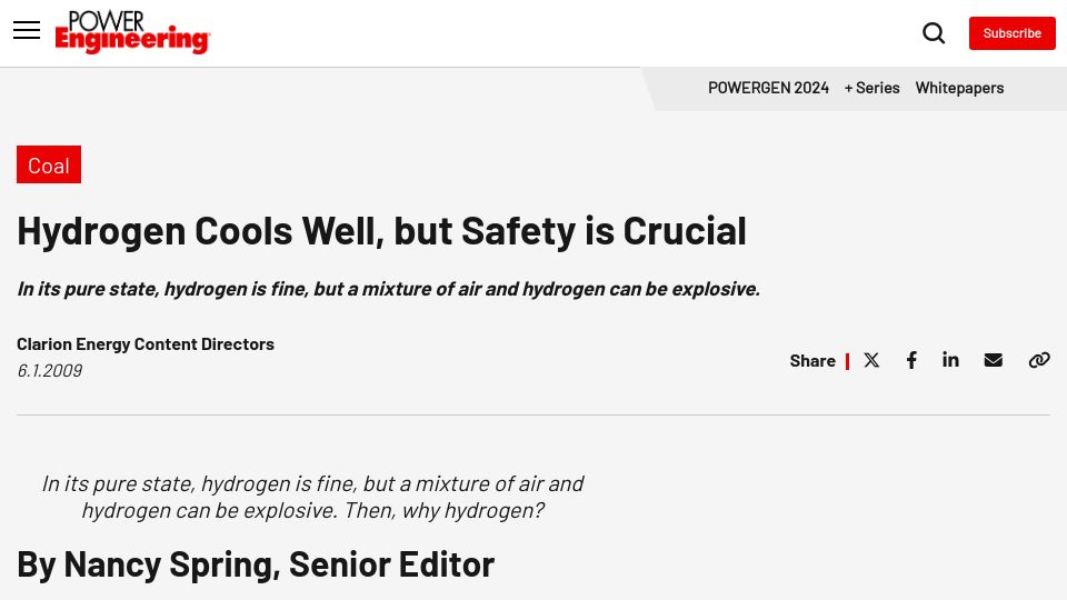 Screenshot of power-eng.com: Hydrogen Cools Well, but Safety Is Crucial