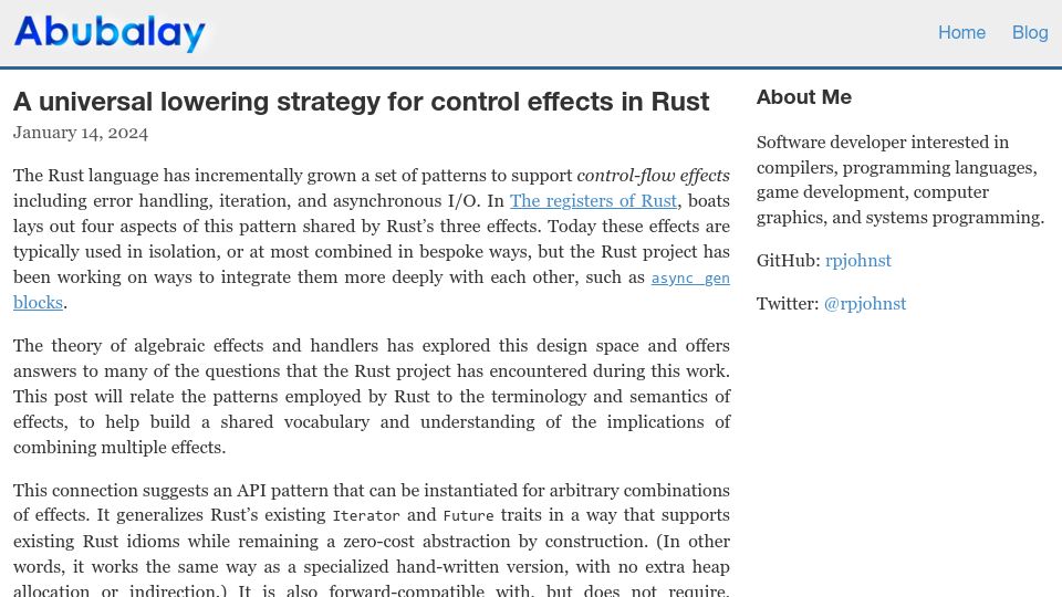 Screenshot of abubalay.com: A lowering strategy for control effects in Rust