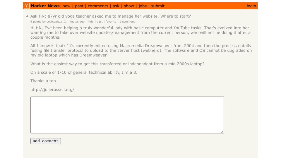 Screenshot of Hacker News post: Ask HN: 87yr old yoga teacher asked me to manage her website. Where to start?