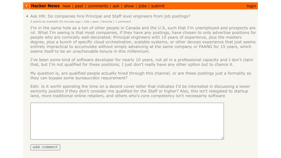 Screenshot of Hacker News post: Ask HN: Do companies hire Principal and Staff level engineers from job postings?