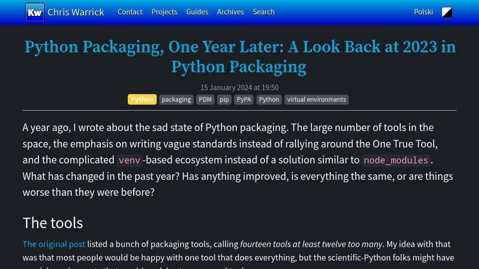 Screenshot of chriswarrick.com: Python Packaging, One Year Later: A Look Back at 2023 in Python Packaging