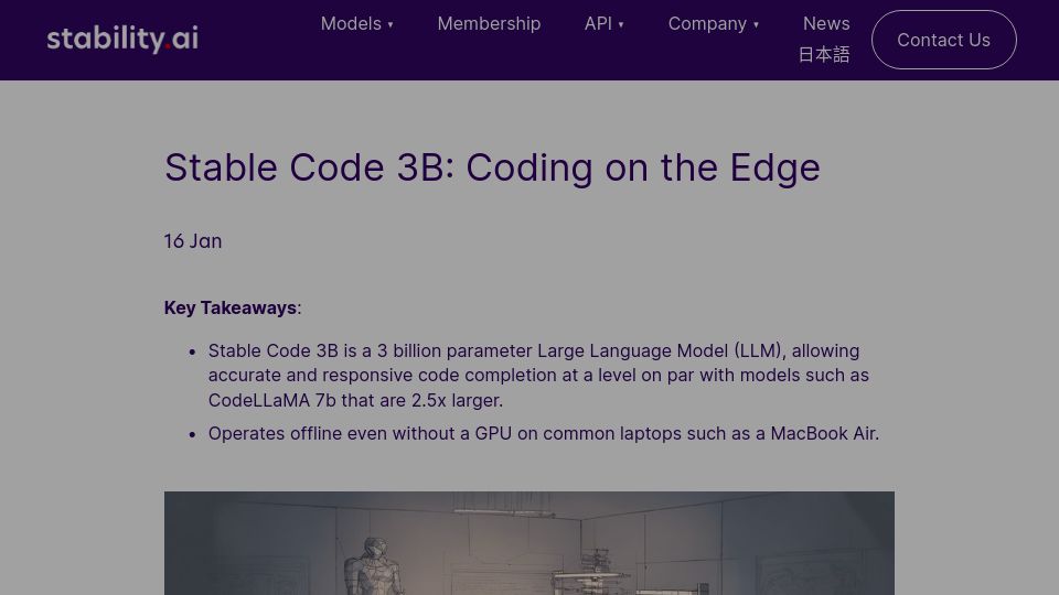 Screenshot of stability.ai: Stable Code 3B: Coding on the Edge