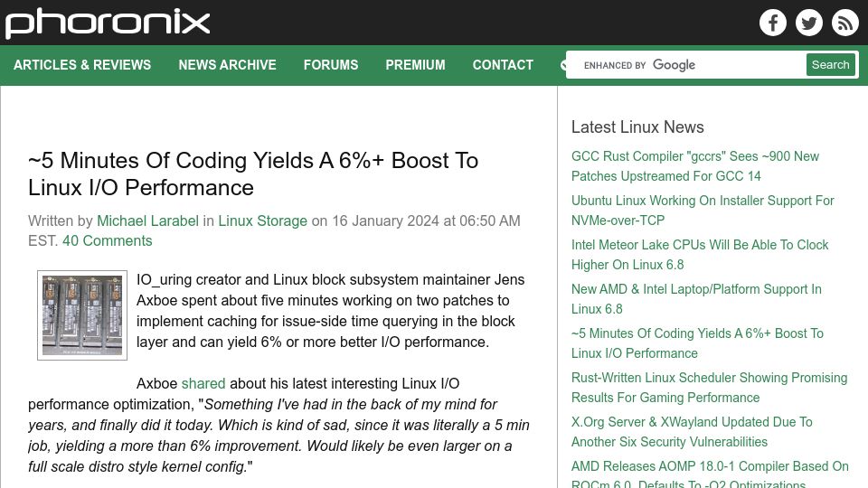 Screenshot of phoronix.com: 5 minutes of coding yields a 6%+ boost to Linux I/O performance