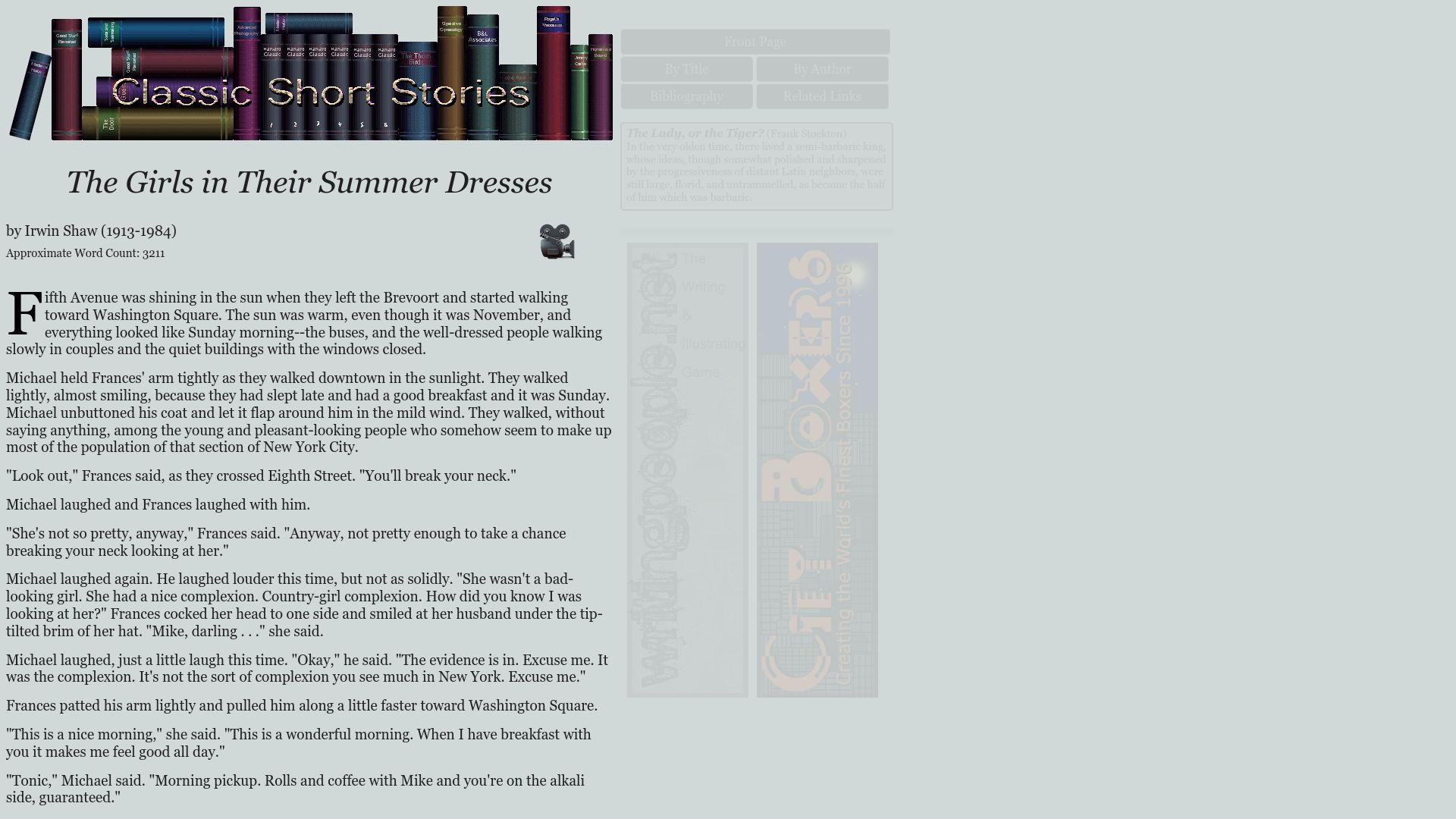 Screenshot of classicshorts.com: "The Girls in Their Summer Dresses" – Irwin Shaw (1939)