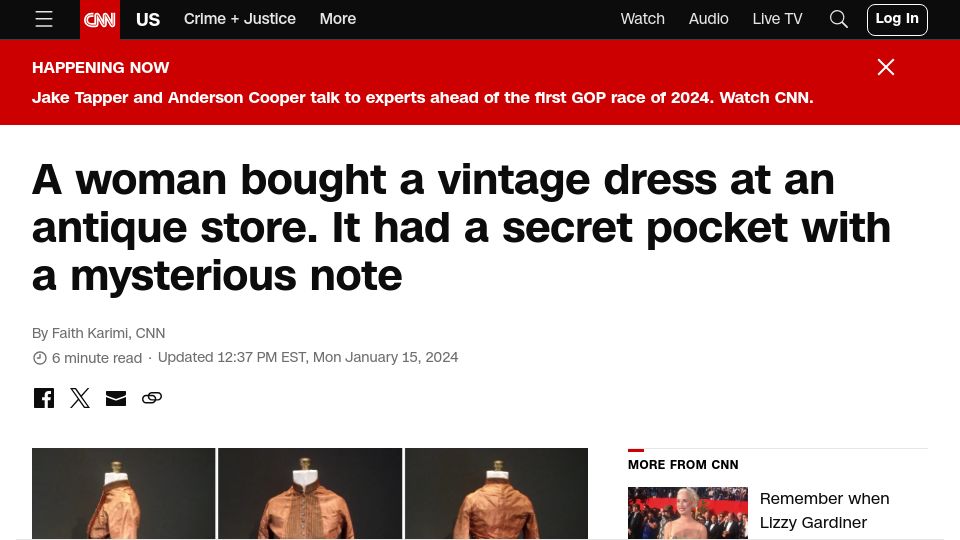 Screenshot of cnn.com: A woman bought a vintage dress. It had a secret pocket with a mysterious note