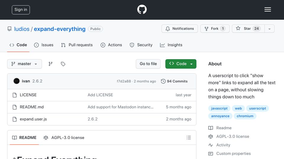 Screenshot of github.com: Expand Everything: Userscript to click "show more" links to expand all the text