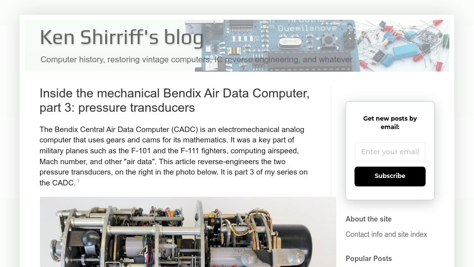 Screenshot of righto.com: The mechanical Bendix Air Data Computer, part 3: pressure transducers