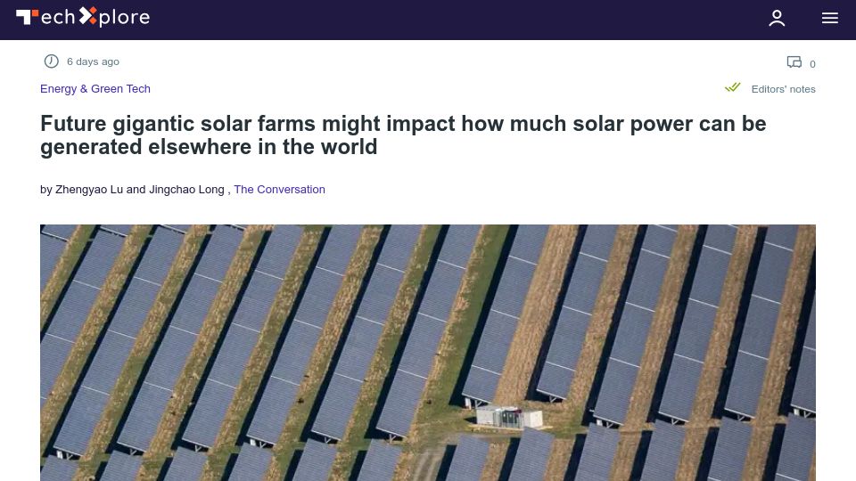 Screenshot of techxplore.com: Future gigantic solar farms might impact solar power elsewhere in the world