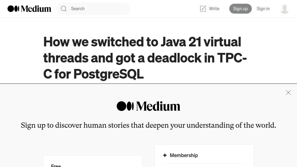 Screenshot of blog.ydb.tech: We switched to Java 21 virtual threads and got a deadlock in TPC-C for Postgres