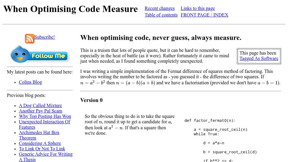 Screenshot of solipsys.co.uk: When Optimising Code, Measure