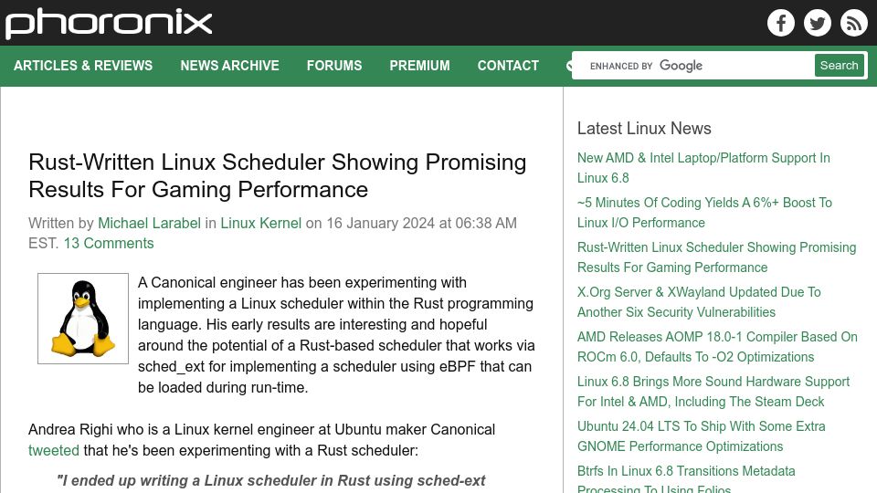 Screenshot of phoronix.com: Rust-Written Linux Scheduler Showing Promising Results for Gaming Performance