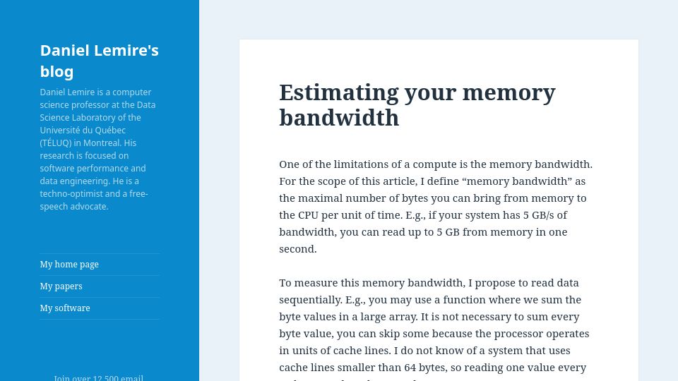 Screenshot of lemire.me: Estimating your memory bandwidth