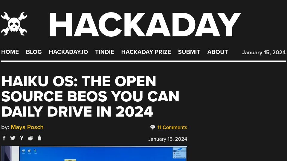 Screenshot of hackaday.com: Haiku OS: The Open Source BeOS You Can Daily Drive in 2024