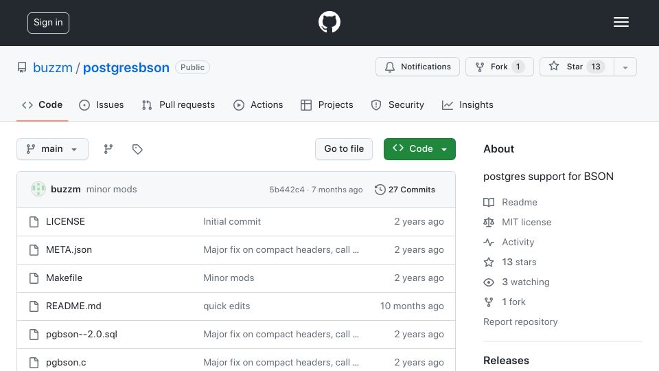 Screenshot of github.com: Show HN: BSON Extension for Postgres