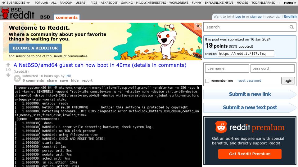Screenshot of old.reddit.com: A NetBSD/amd64 guest can now boot in 18ms