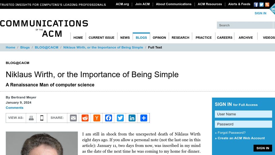 Screenshot of cacm.acm.org: Niklaus Wirth, or the Importance of Being Simple