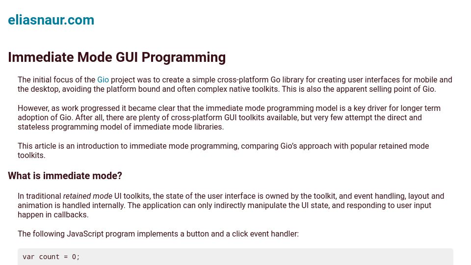 Screenshot of eliasnaur.com: Immediate Mode GUI Programming