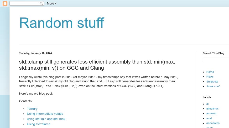 Screenshot of 1f6042.blogspot.com: Std: Clamp generates less efficient assembly than std:min(max,std:max(min,v))