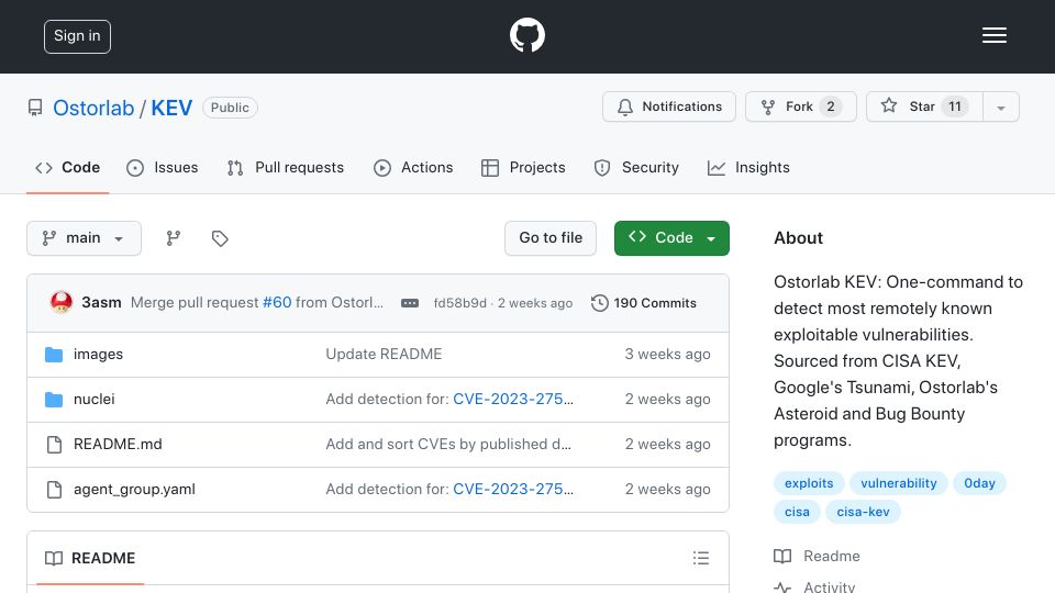 Screenshot of github.com: Open-Source Detector of CISA's Known Exploitable Vulnerabilities