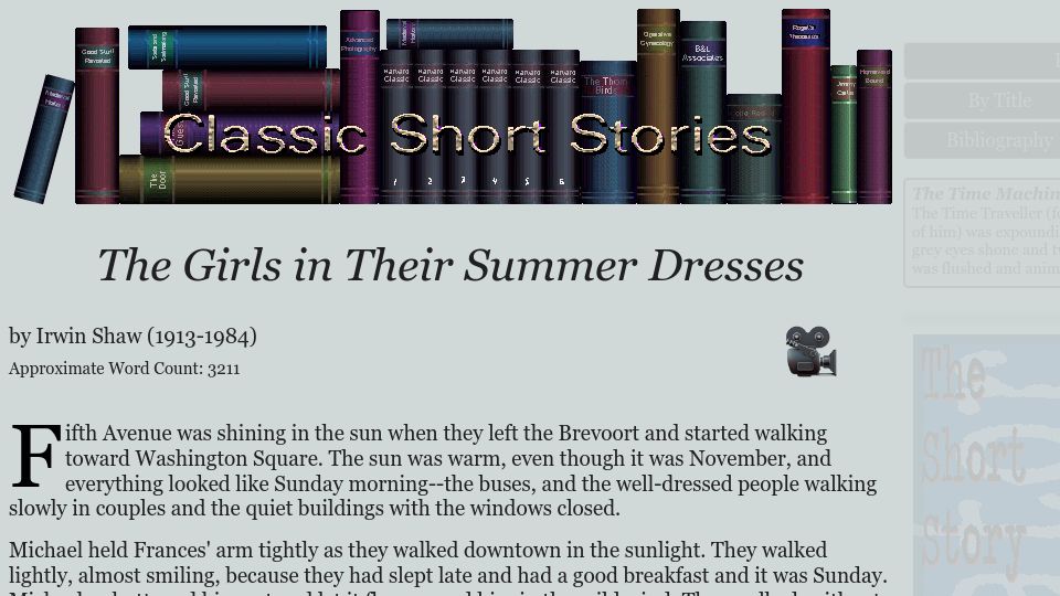 Screenshot of classicshorts.com: "The Girls in Their Summer Dresses" – Irwin Shaw (1939)