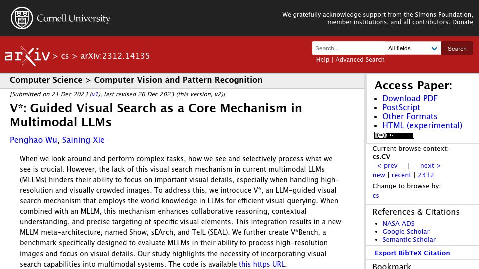 Screenshot of arxiv.org: V*: Guided Visual Search as a Core Mechanism in Multimodal LLMs